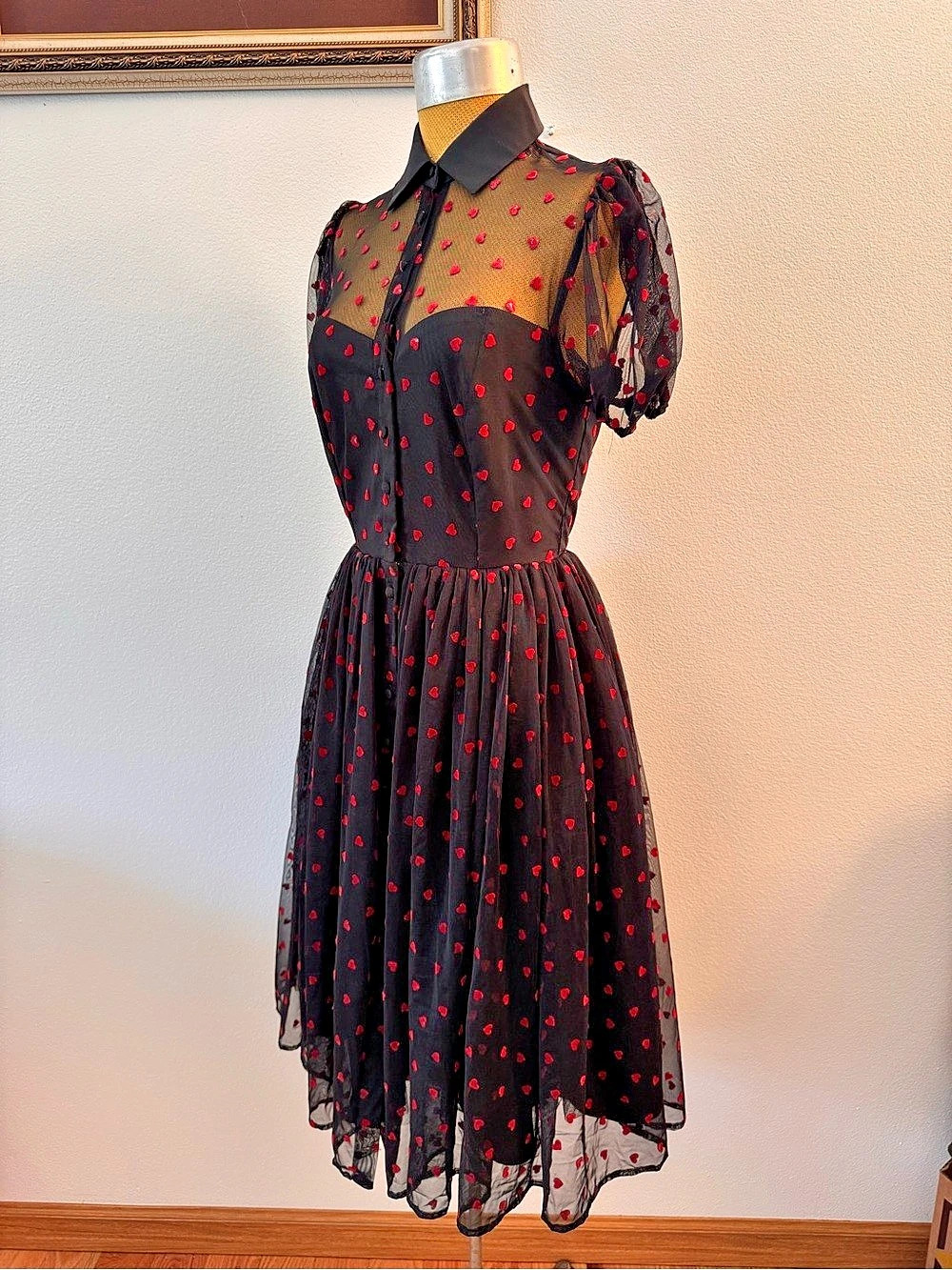 The Vintage Shop Black Red Heart Mesh Dress Size S/4 Retro Romantic - Picture 5 of 8